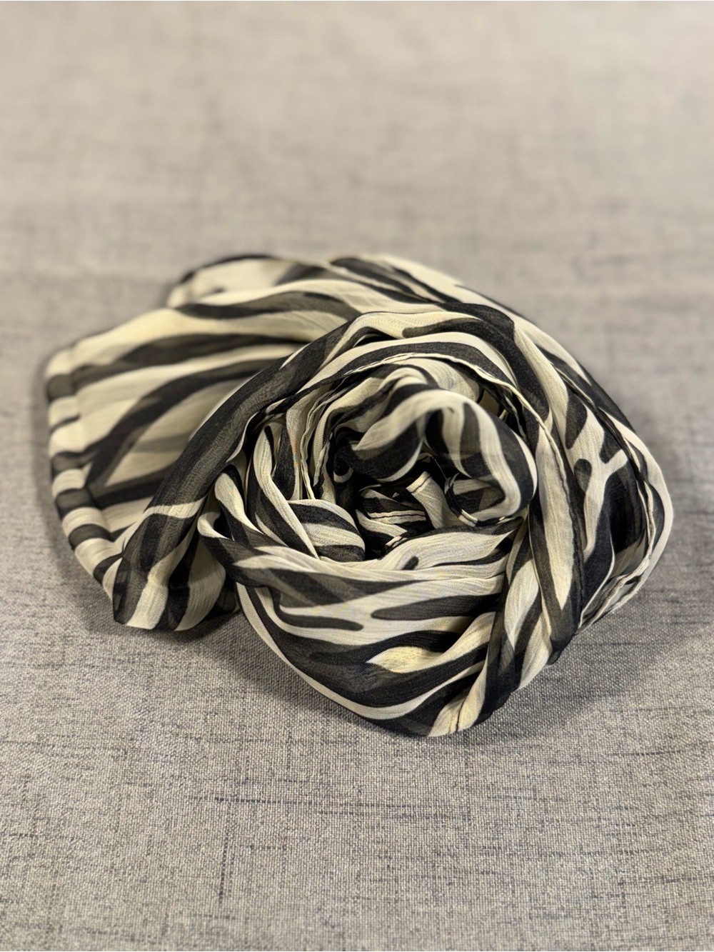 XY Design Zebra Print Sheer Chiffon Scarf 60x12 Black and Ivory